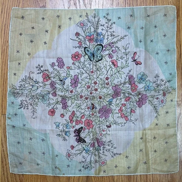 Vintage 60s square silk scarf garden floral butterflies painted hand rolled edge - Picture 12 of 16